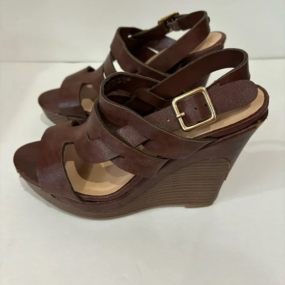 DOLLHOUSE Faux Leather Open Toe Strappy Platform Sandal Wedges - brown, size 6.5 - Picture 2 of 8